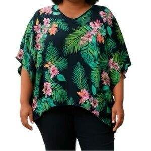 Belle by Kim Gravel Women's Floral Kimono Blouse Black V-Neck 3/4 Sleeve L